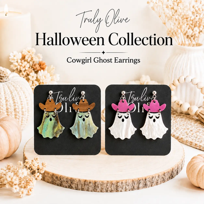 Truly Olive Cowgirl Ghost Halloween Dangle Earrings - Earrings Dangle Earrings