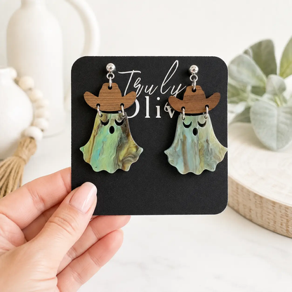 Truly Olive Cowgirl Ghost Halloween Dangle Earrings - Earrings Dangle Earrings