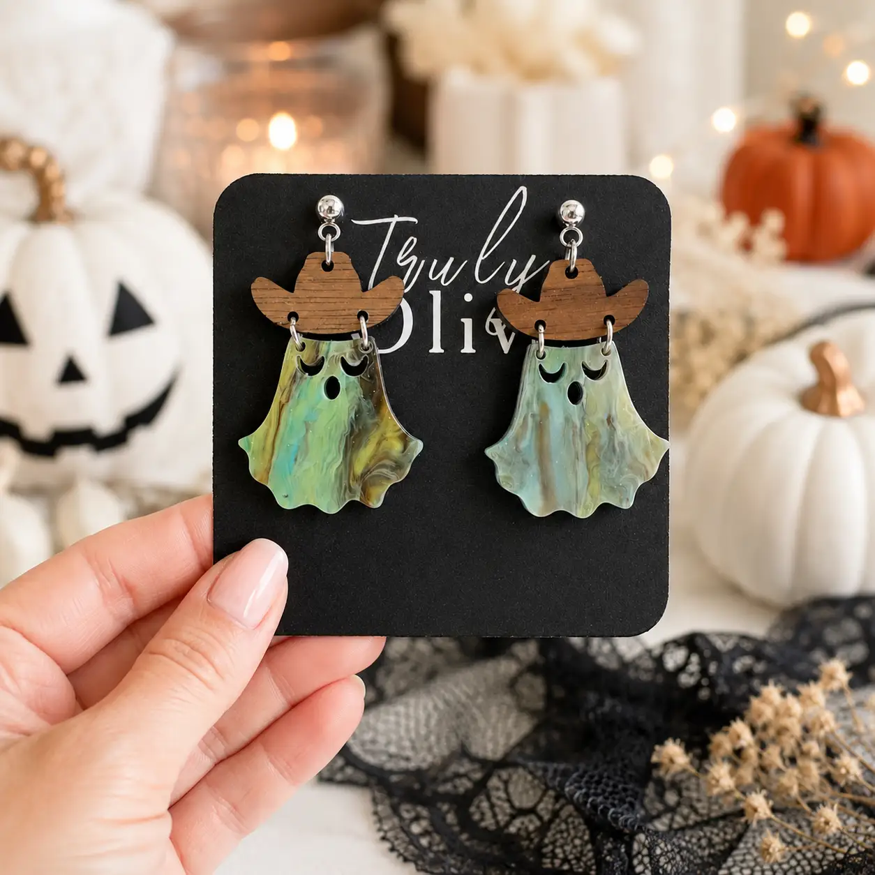 Truly Olive Cowgirl Ghost Halloween Dangle Earrings - Earrings Dangle Earrings