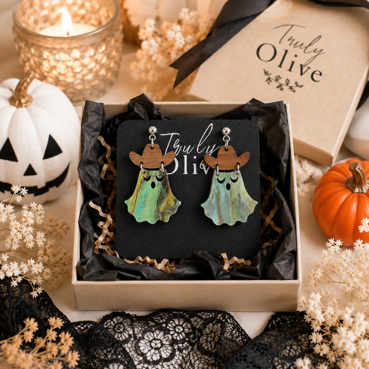 Truly Olive Cowgirl Ghost Halloween Dangle Earrings - Earrings Dangle Earrings