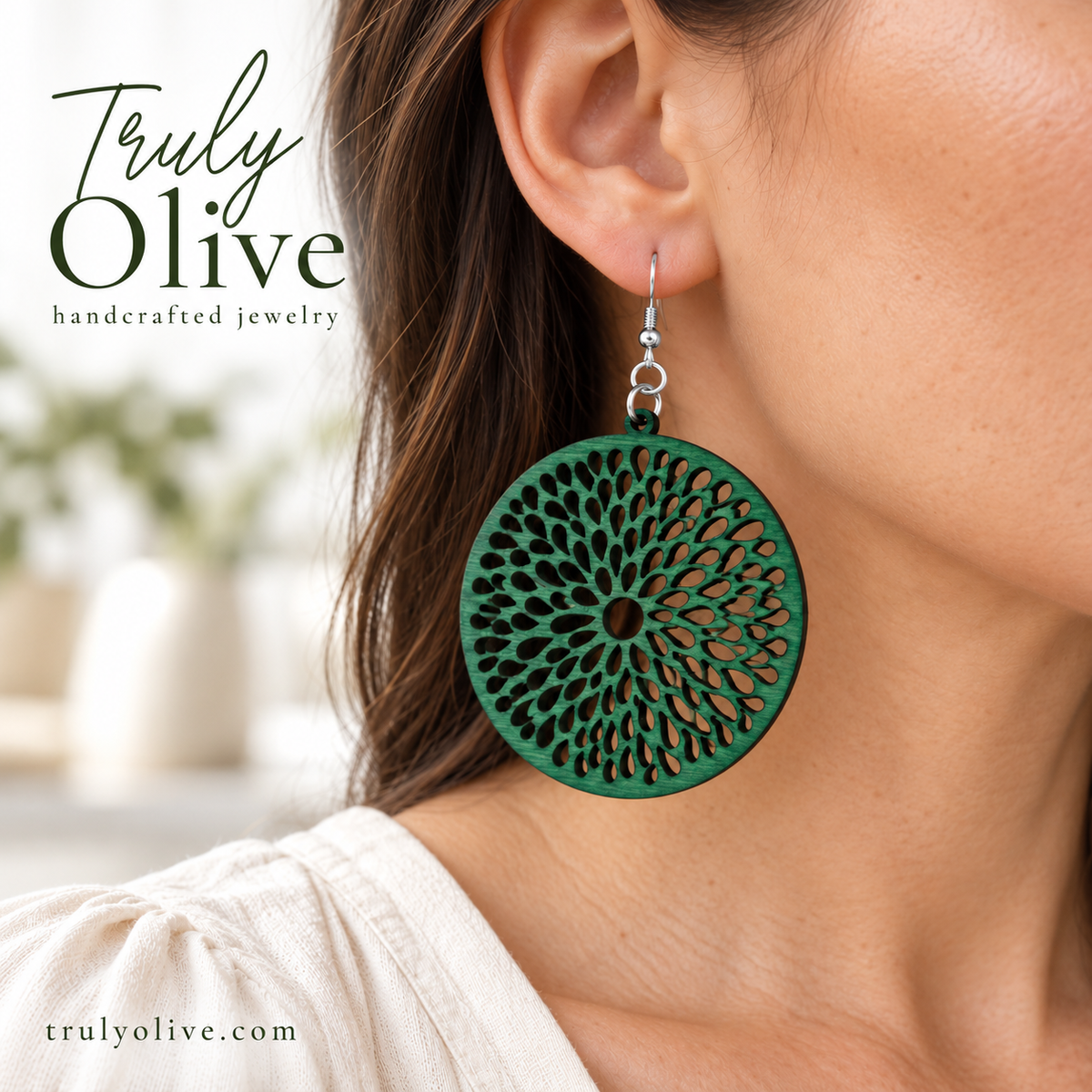 Truly Olive Round Teardrop Cutout Wood Earrings - Earrings Dangle Earrings