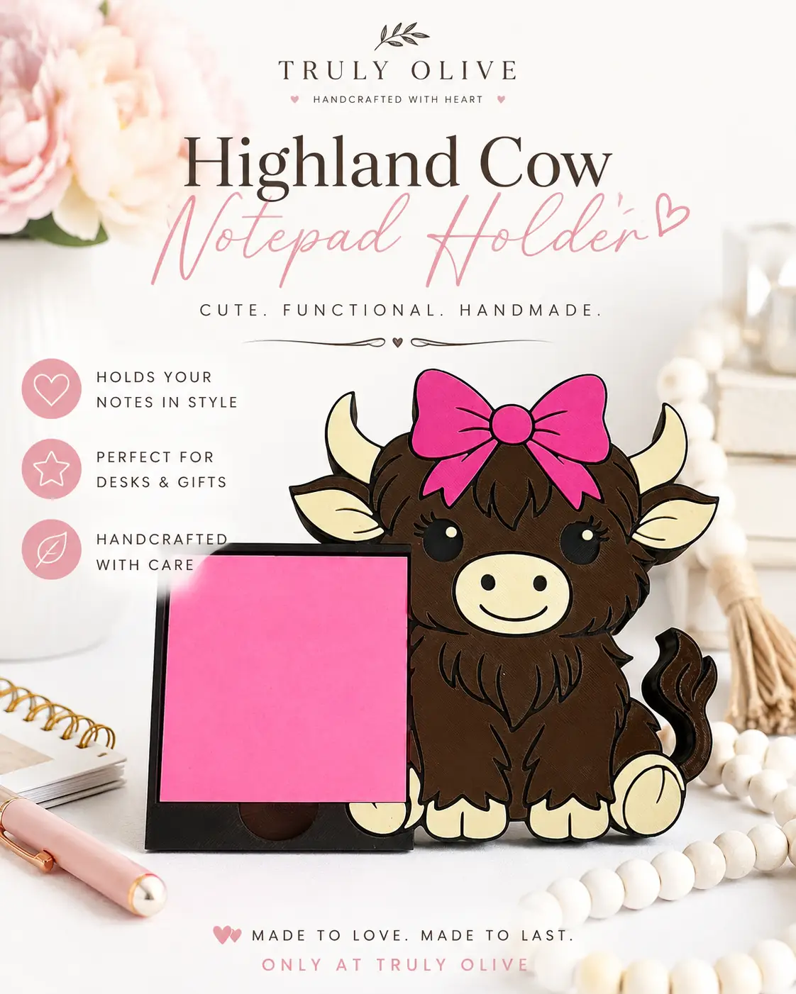 Truly Olive Highland Cow Notepad Holder | Pink Sticky Note Desk Organizer - Notepads Notepad Holder