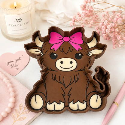 Truly Olive Highland Cow Trinket Tray | Pink Bow Jewelry Dish & Catchall Tray - Decorative Trays Trinket Tray