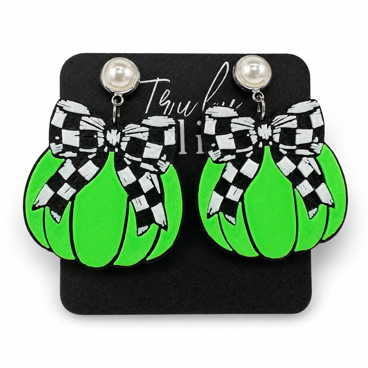 Truly Olive Checkered Bow Pumpkin Earrings For Halloween Style - Earrings Stud/Post Earrings