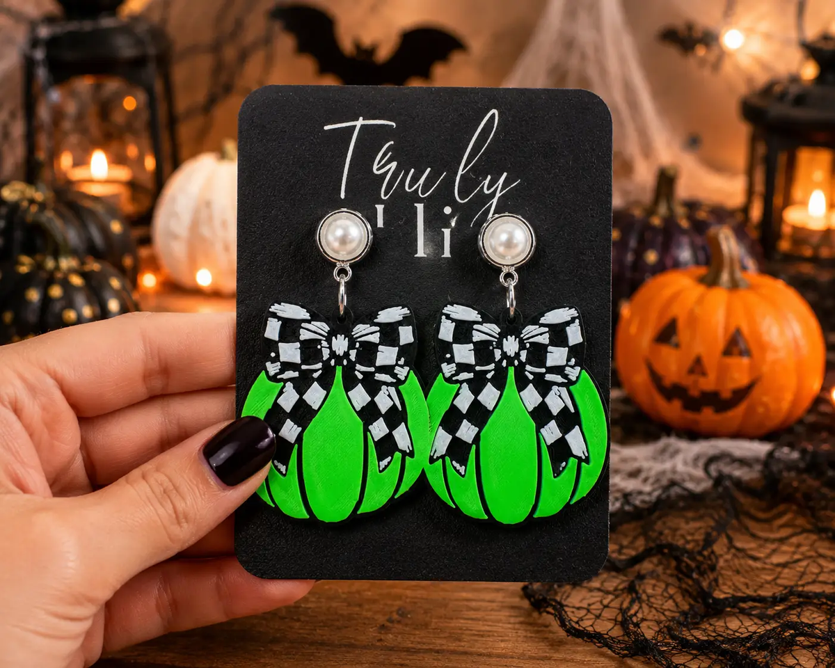 Truly Olive Checkered Bow Pumpkin Earrings For Halloween Style - Earrings Stud/Post Earrings