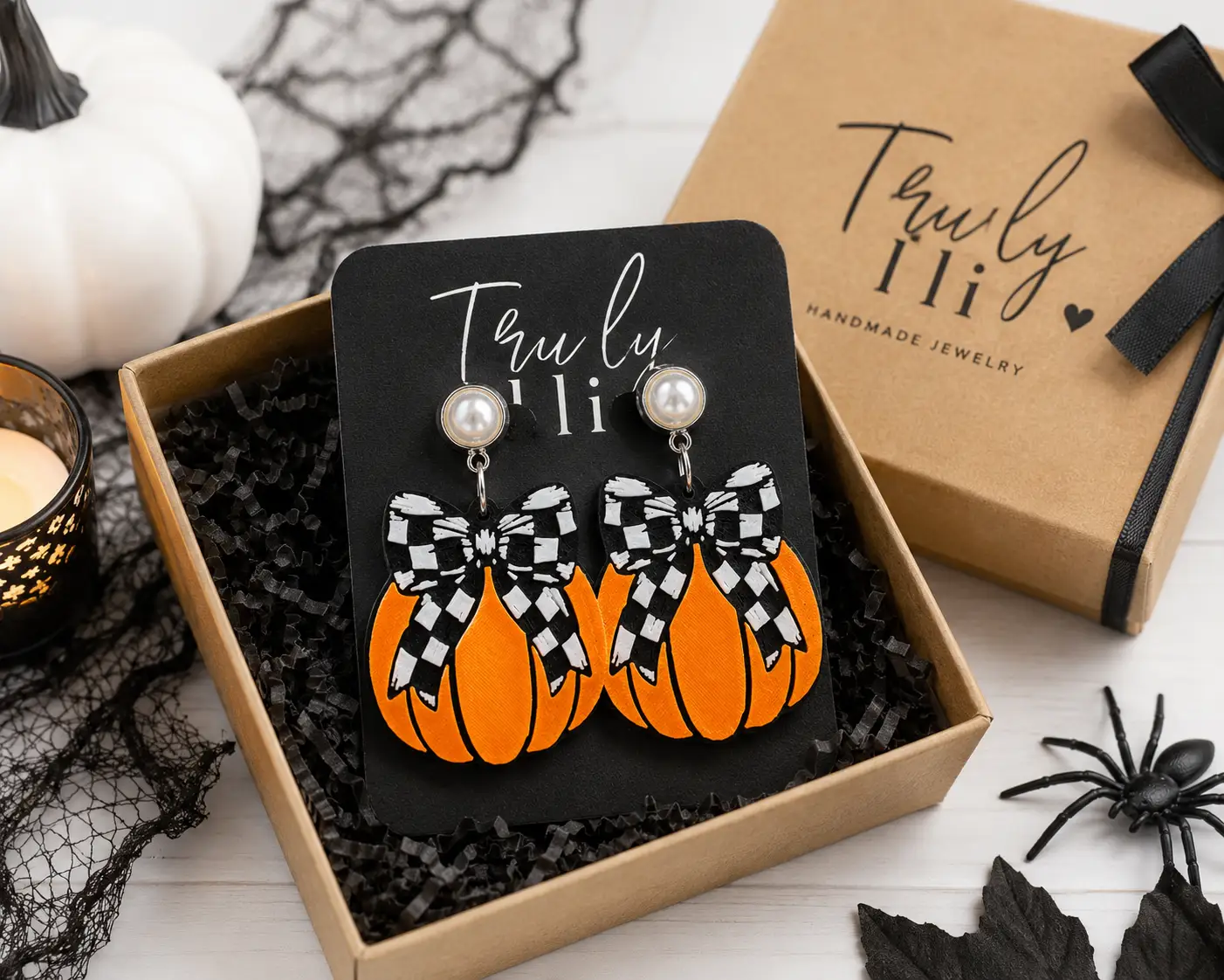 Truly Olive Checkered Bow Pumpkin Earrings For Halloween Style - Earrings Stud/Post Earrings