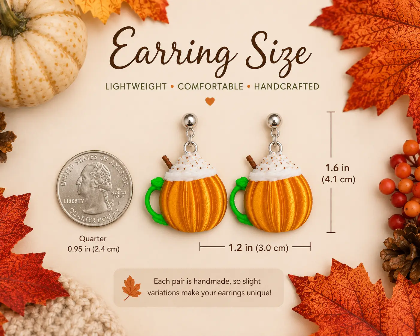 Size comparison of handcrafted pumpkin spice mug earrings displayed next to a ruler, illustrating lightweight statement earring dimensions.