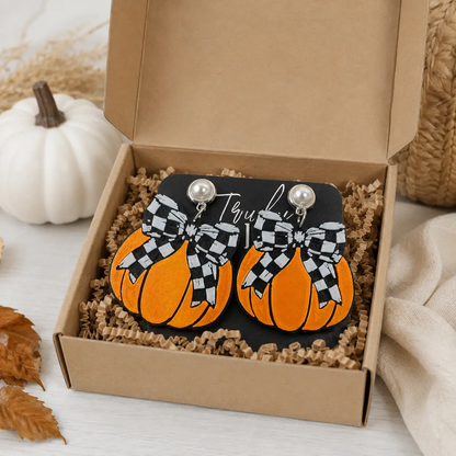 Truly Olive Checkered Bow Pumpkin Earrings For Halloween Style - Earrings Stud/Post Earrings