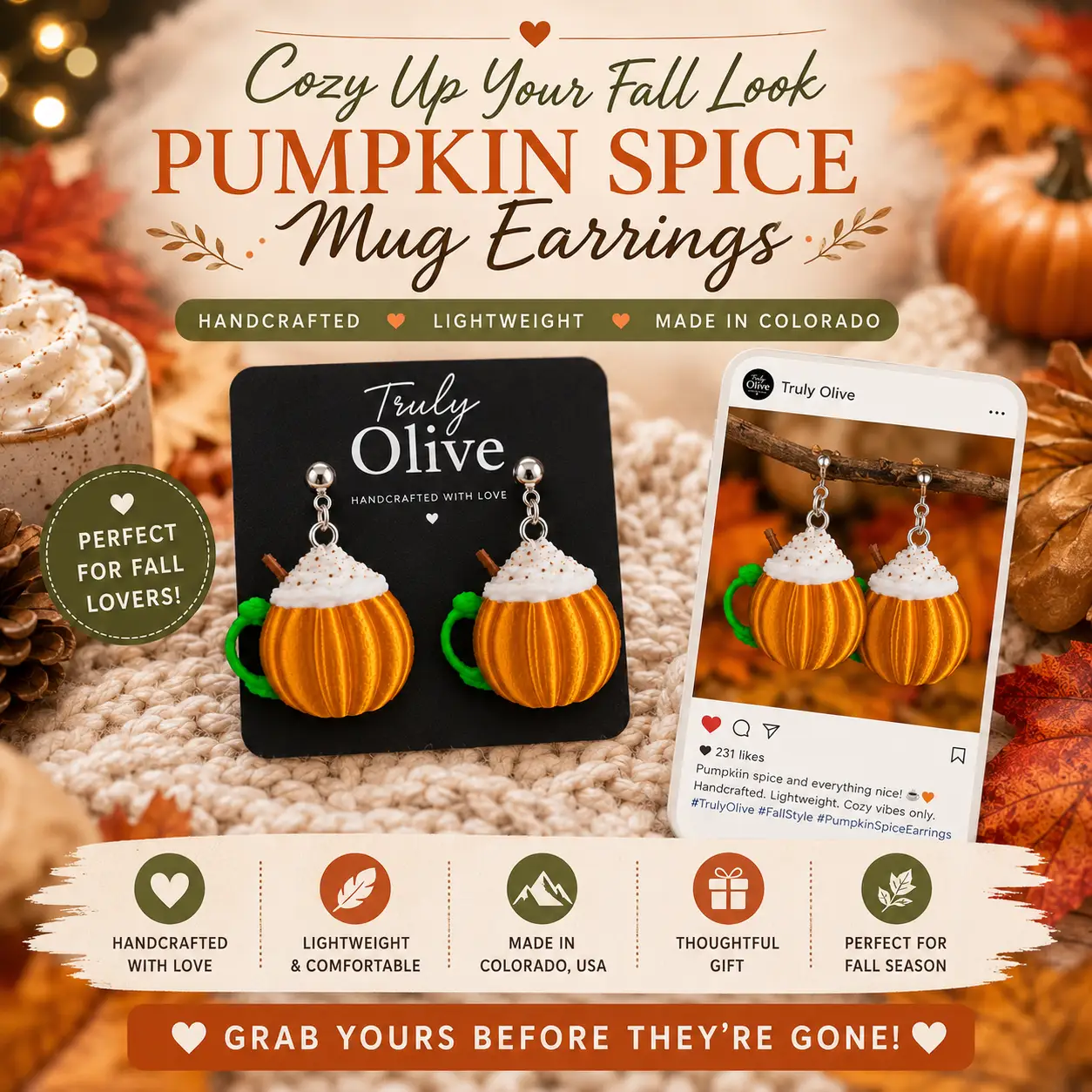 Pumpkin spice mug earrings featured in a cozy autumn lifestyle scene promoting handcrafted fall jewelry by Truly Olive for coffee lovers and seasonal fashion.