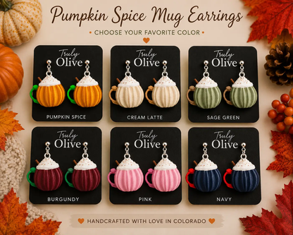 Pumpkin spice mug earrings displayed with coordinating fall-themed handcrafted earrings from the Truly Olive Autumn Collection.