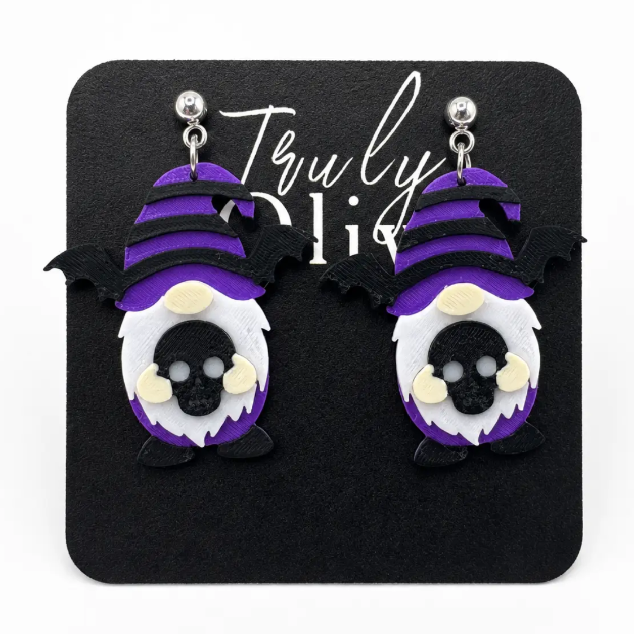 Truly Olive Purple Gnome Skull Halloween Dangle Earrings - Earrings Dangle Earrings