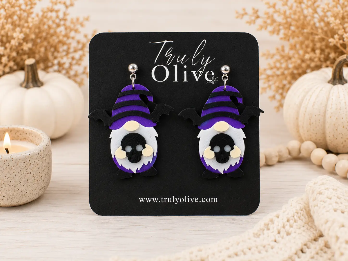 Truly Olive Purple Gnome Skull Halloween Dangle Earrings - Earrings Dangle Earrings