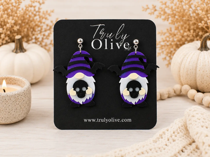 Truly Olive Purple Gnome Skull Halloween Dangle Earrings - Earrings Dangle Earrings