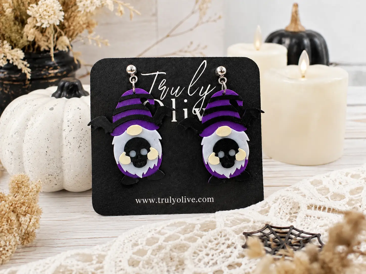 Truly Olive Purple Gnome Skull Halloween Dangle Earrings - Earrings Dangle Earrings