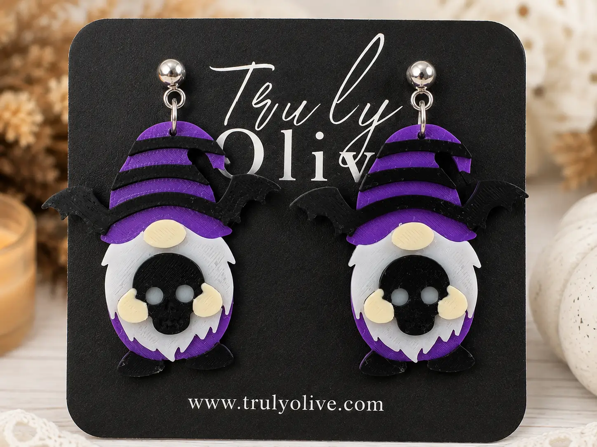 Truly Olive Purple Gnome Skull Halloween Dangle Earrings - Earrings Dangle Earrings