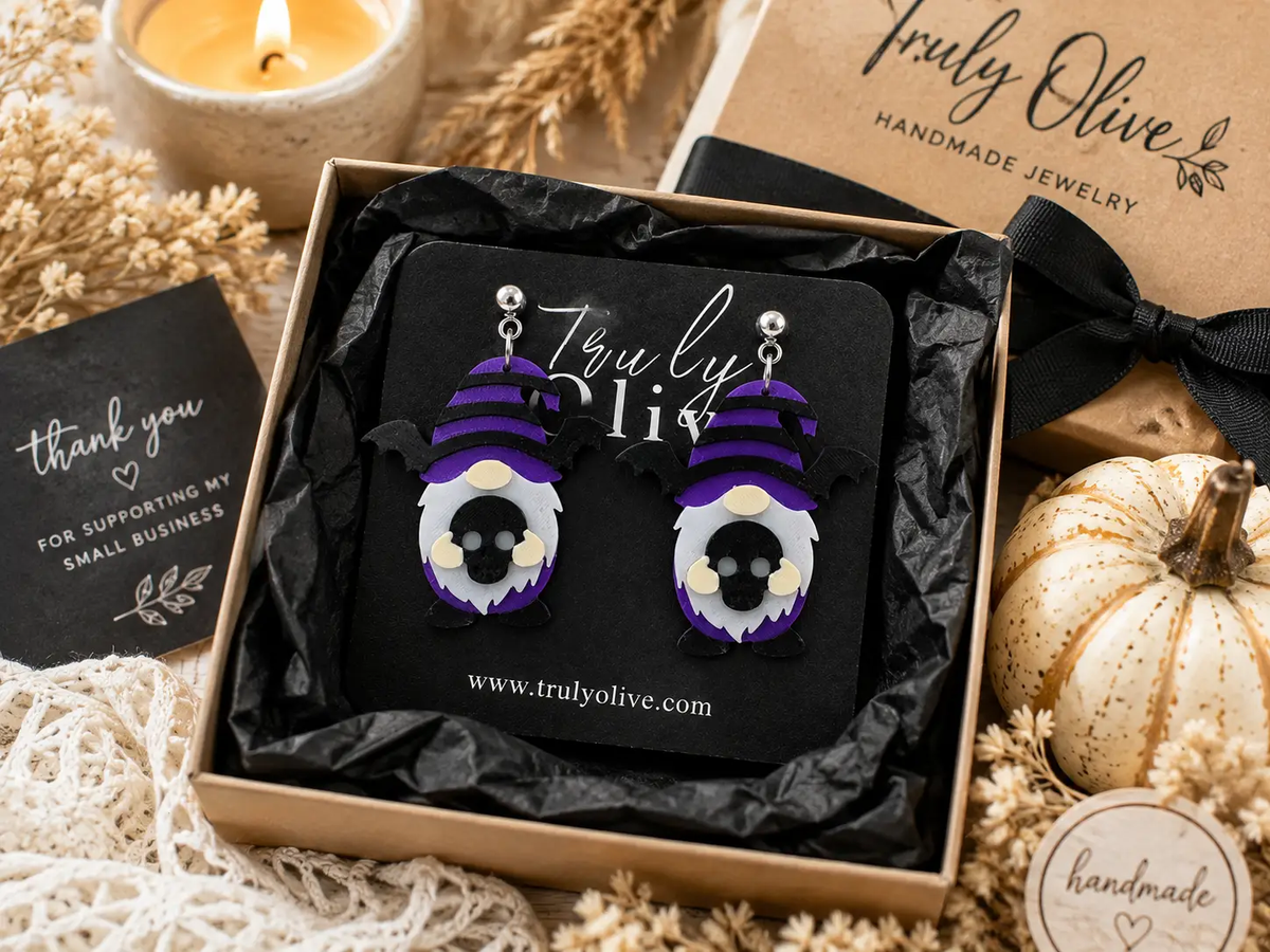 Truly Olive Purple Gnome Skull Halloween Dangle Earrings - Earrings Dangle Earrings