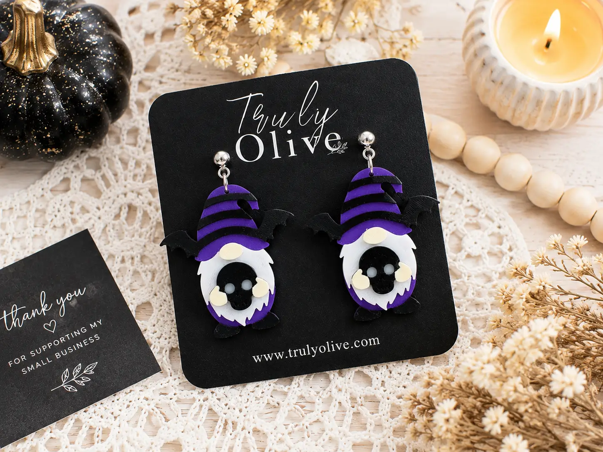Truly Olive Purple Gnome Skull Halloween Dangle Earrings - Earrings Dangle Earrings