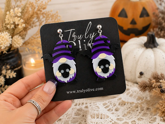 Truly Olive Purple Gnome Skull Halloween Dangle Earrings - Earrings Dangle Earrings
