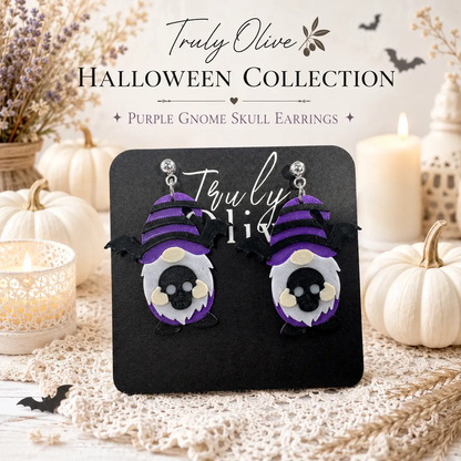 Truly Olive Purple Gnome Skull Halloween Dangle Earrings - Earrings Dangle Earrings