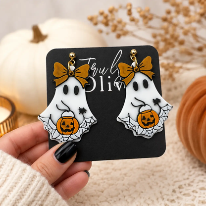 Truly Olive Trick Or Treat Ghost Halloween Statement Earrings with Pumpkin & Bow - Earrings Dangle Earrings