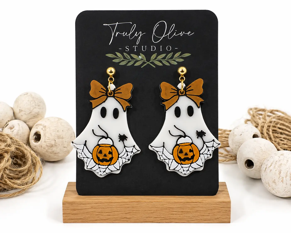 Truly Olive Trick Or Treat Ghost Halloween Statement Earrings with Pumpkin & Bow - Earrings Dangle Earrings