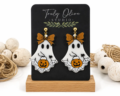 Truly Olive Trick Or Treat Ghost Halloween Statement Earrings with Pumpkin & Bow - Earrings Dangle Earrings