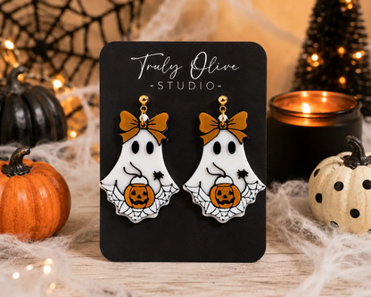 Truly Olive Trick Or Treat Ghost Halloween Statement Earrings with Pumpkin & Bow - Earrings Dangle Earrings