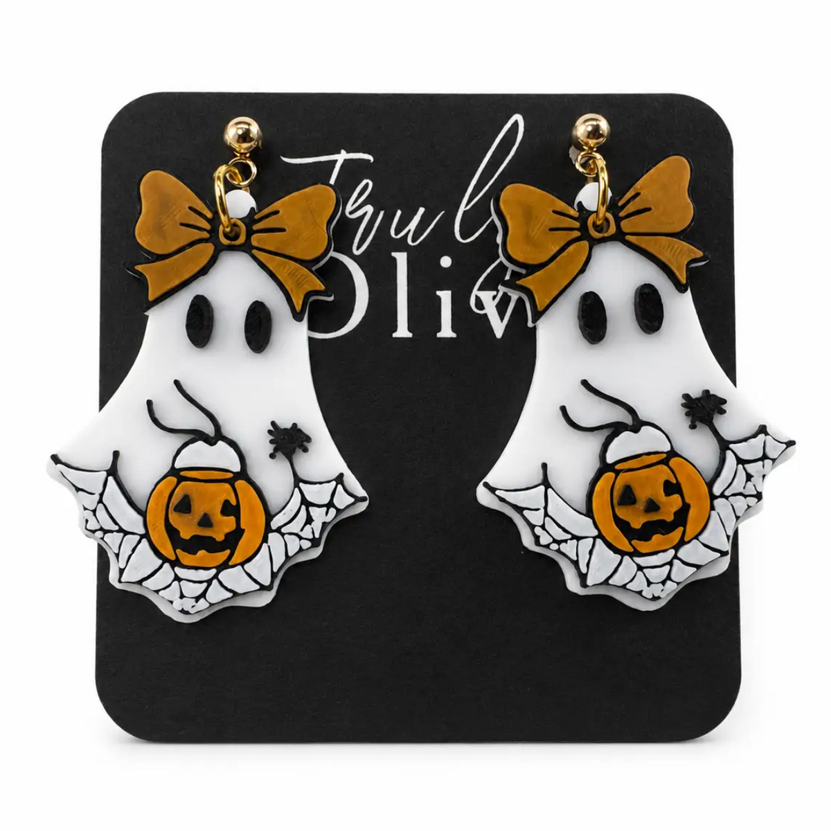 Truly Olive Trick Or Treat Ghost Halloween Statement Earrings with Pumpkin & Bow - Earrings Dangle Earrings