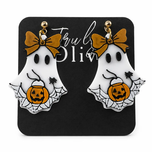 Truly Olive Trick Or Treat Ghost Halloween Statement Earrings with Pumpkin & Bow - Earrings Dangle Earrings