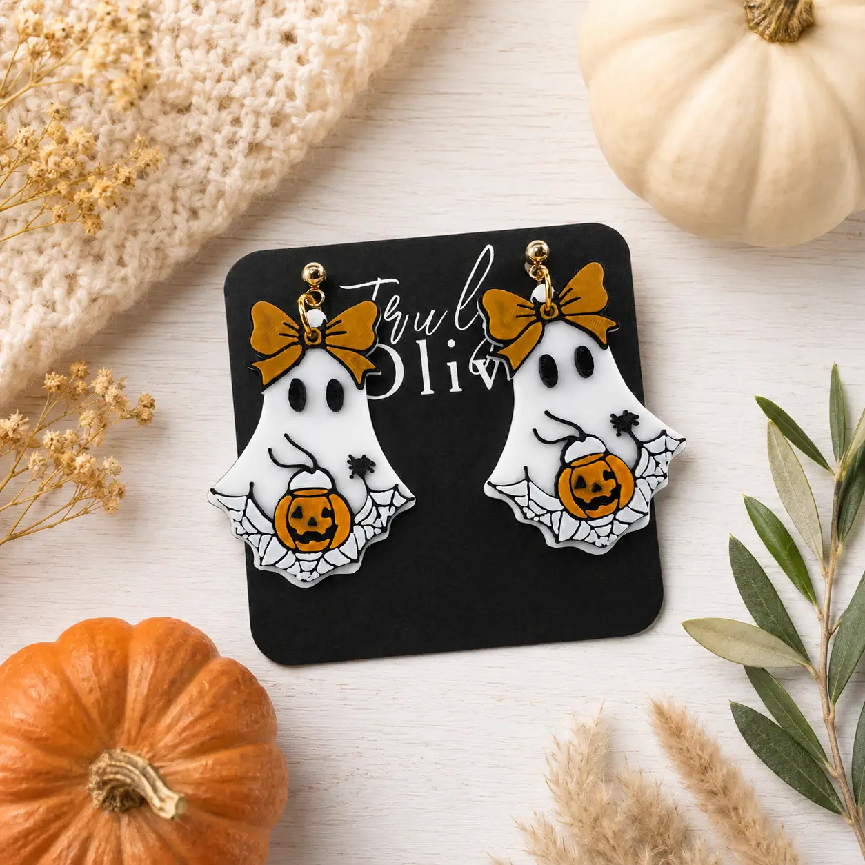 Truly Olive Trick Or Treat Ghost Halloween Statement Earrings with Pumpkin & Bow - Earrings Dangle Earrings
