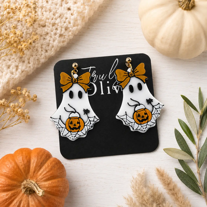 Truly Olive Trick Or Treat Ghost Halloween Statement Earrings with Pumpkin & Bow - Earrings Dangle Earrings