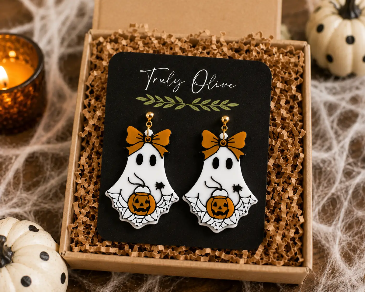 Truly Olive Trick Or Treat Ghost Halloween Statement Earrings with Pumpkin & Bow - Earrings Dangle Earrings
