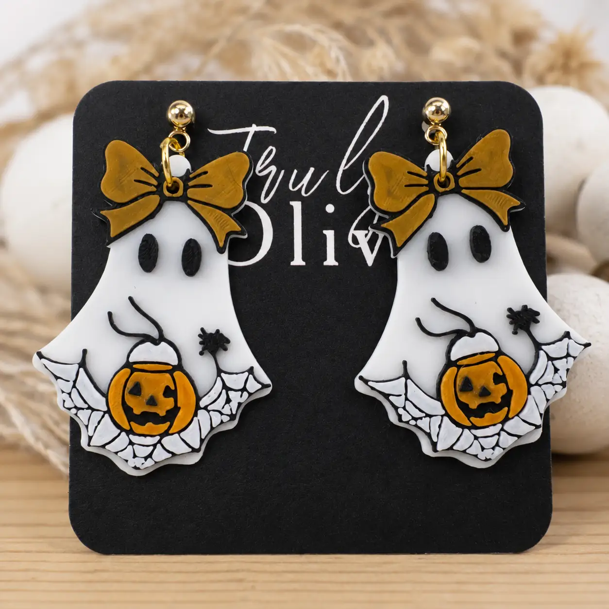 Truly Olive Trick Or Treat Ghost Halloween Statement Earrings with Pumpkin & Bow - Earrings Dangle Earrings