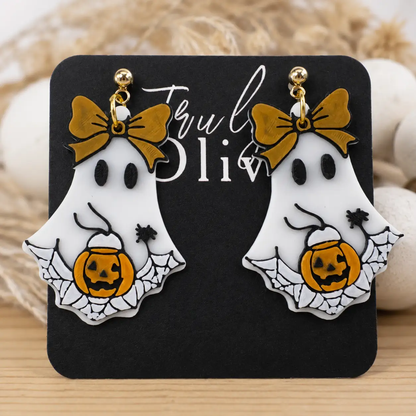 Truly Olive Trick Or Treat Ghost Halloween Statement Earrings with Pumpkin & Bow - Earrings Dangle Earrings