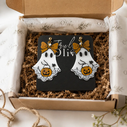 Truly Olive Trick Or Treat Ghost Halloween Statement Earrings with Pumpkin & Bow - Earrings Dangle Earrings