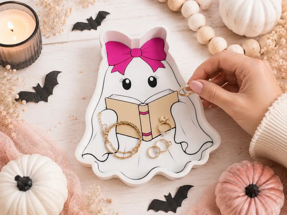 Trulyolive Bookish Ghost Trinket Tray, Cute Halloween Jewelry Dish, Pink Bow Ghost Decor, Spooky Season Ring Dish, Book Lover Halloween Gift - Decorative Trays