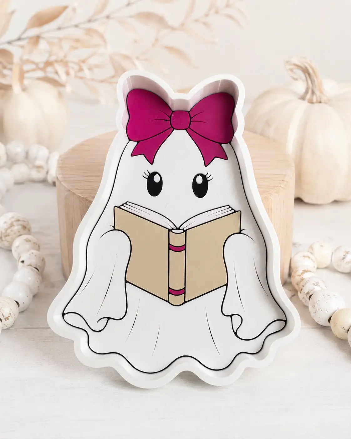 Trulyolive Bookish Ghost Trinket Tray, Cute Halloween Jewelry Dish, Pink Bow Ghost Decor, Spooky Season Ring Dish, Book Lover Halloween Gift - Decorative Trays