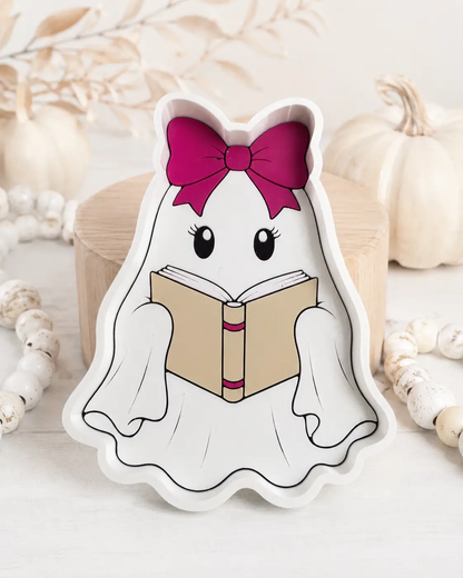 Trulyolive Bookish Ghost Trinket Tray, Cute Halloween Jewelry Dish, Pink Bow Ghost Decor, Spooky Season Ring Dish, Book Lover Halloween Gift - Decorative Trays