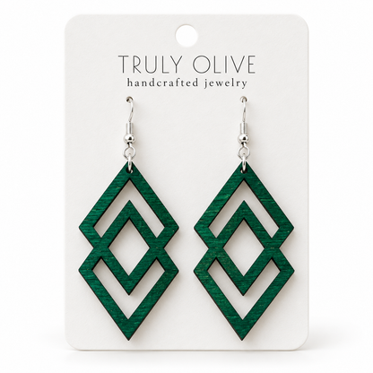 Connected Diamond wood earrings in Green stain on a white Truly Olive card.