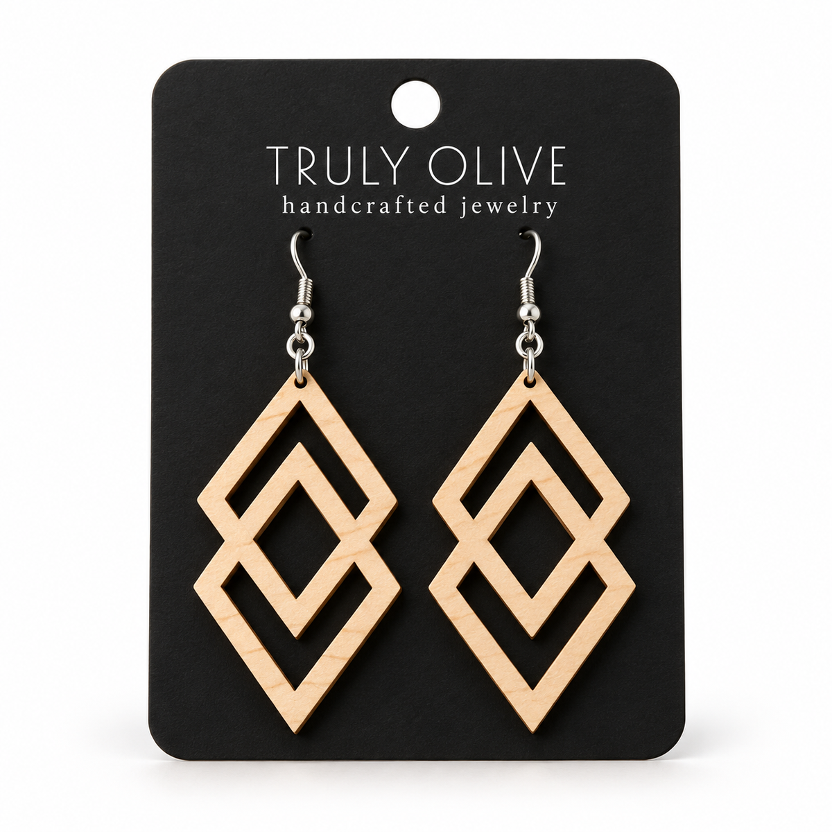 Connected Diamond wood earrings in Maple stain on a black Truly Olive card.