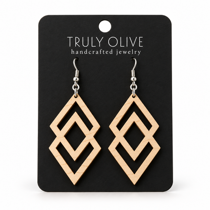 Connected Diamond wood earrings in Maple stain on a black Truly Olive card.