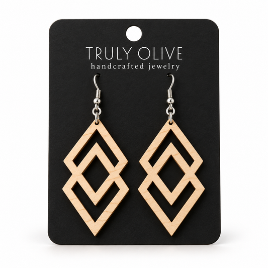 Connected Diamond wood earrings in Maple stain on a black Truly Olive card.