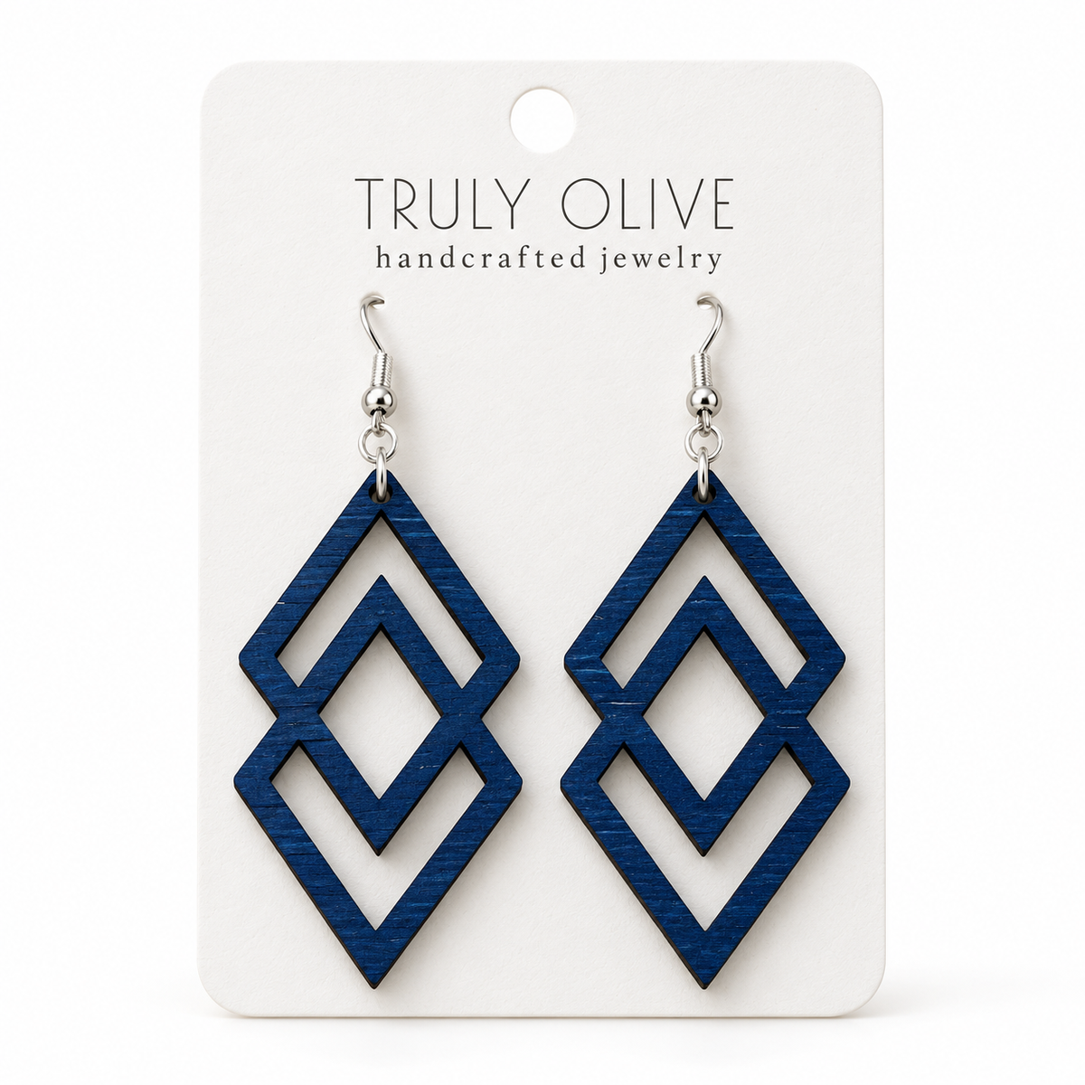Connected Diamond wood earrings in Marine Blue stain on a white Truly Olive card.