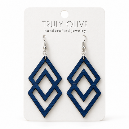 Connected Diamond wood earrings in Marine Blue stain on a white Truly Olive card.