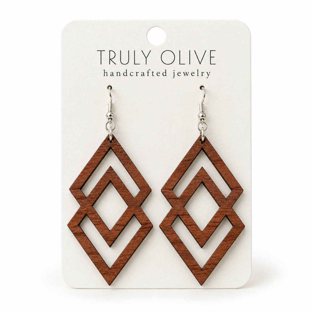 Connected Diamond wood earrings in Sapele stain on a white Truly Olive card.
