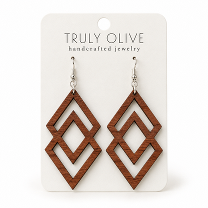 Connected Diamond wood earrings in Sapele stain on a white Truly Olive card.