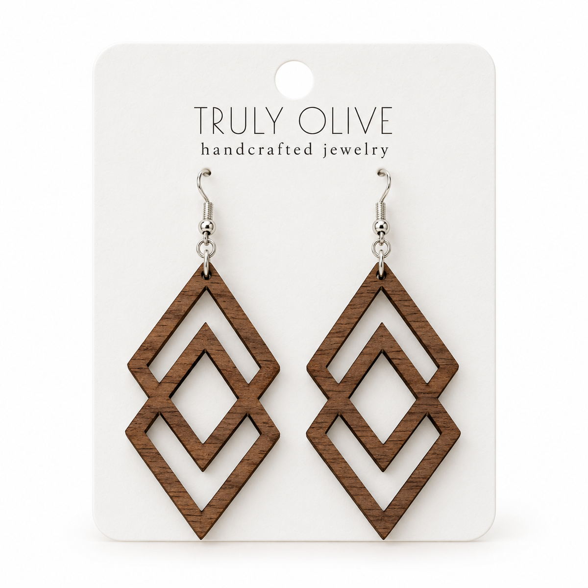 Connected Diamond wood earrings in Walnut stain on a white Truly Olive card.