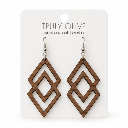 Connected Diamond wood earrings in Walnut stain on a white Truly Olive card.