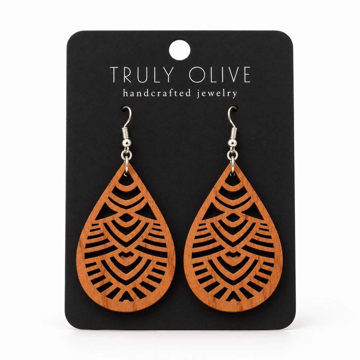 Geometric Teardrop wood earrings in Cherry stain on a black Truly Olive card.