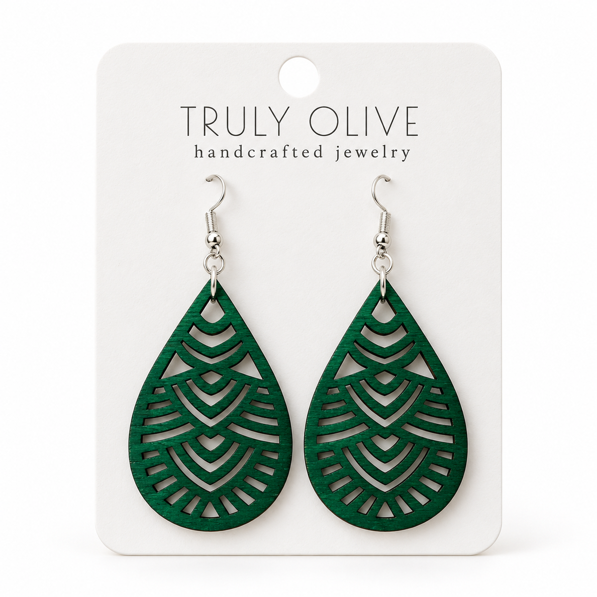 Geometric Teardrop wood earrings in Green stain on a white Truly Olive card.
